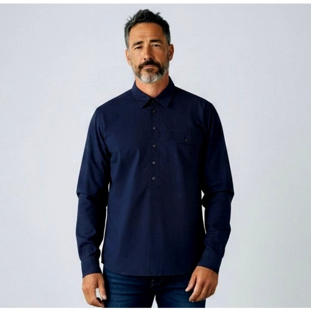 Tomas Maier Men's Shirt L Navy Blue 100% Cotton Snap Front Made Italy Designer